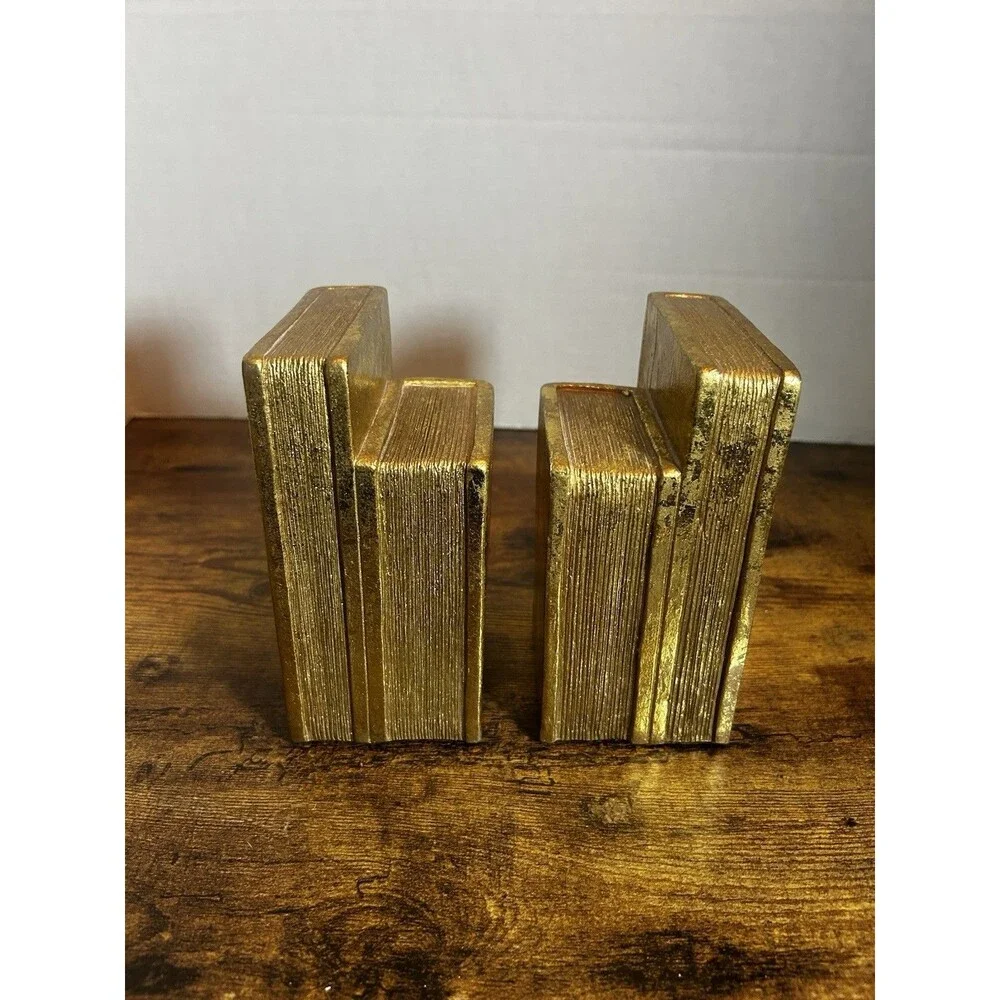 Vintage Gold Bookends Faux Books Roman Numeral Library Shelf Decor Set Pair of 2